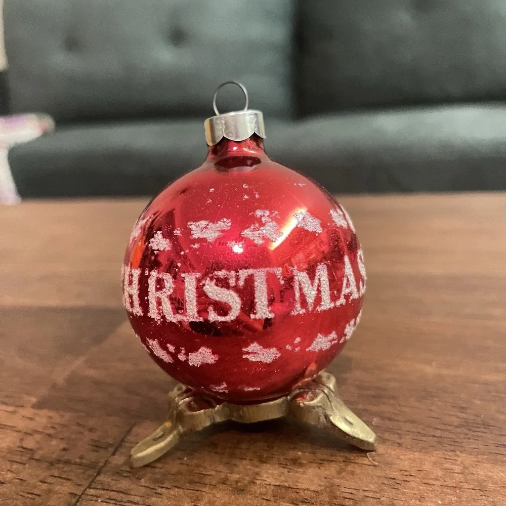 Vtg 1960 Shiny Brite Mercury Glass Merry Christmas Stencil Red Ornament 2.5